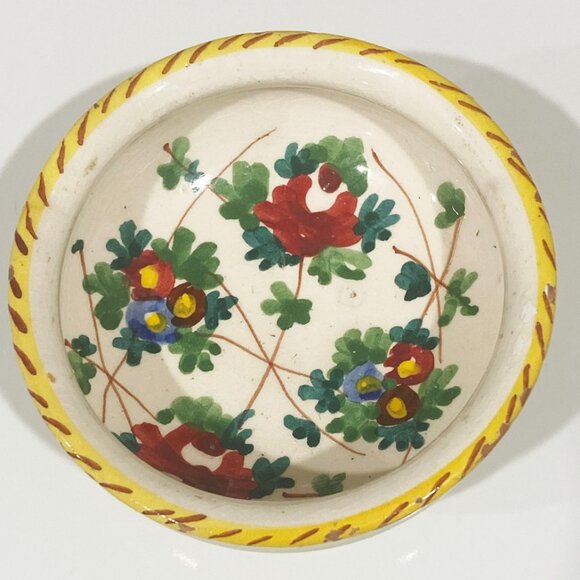 Small Round Footed Trinket Dish Hand Paint Floral Earthenware Sgraffito Italy - Picture 4 of 6